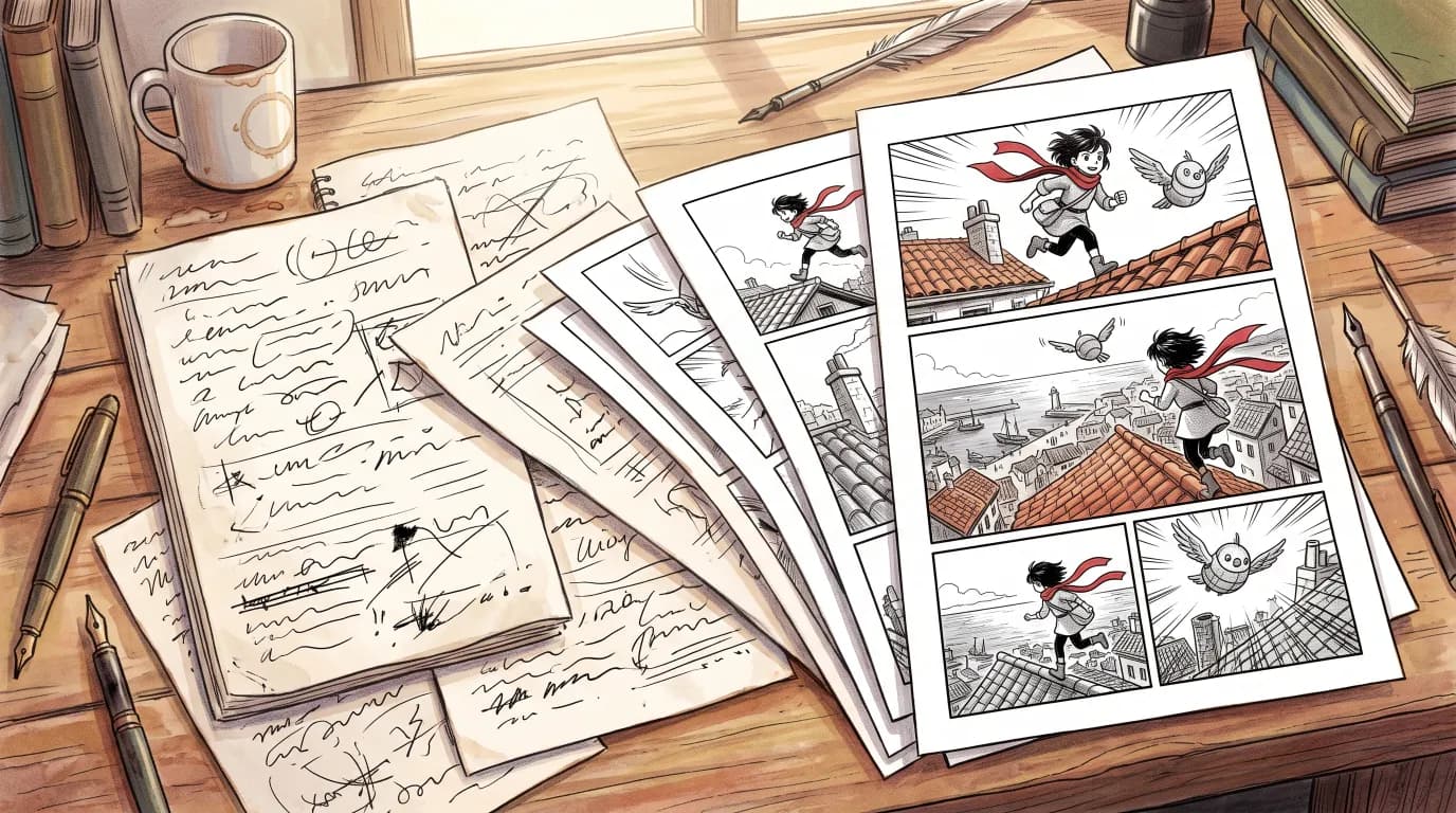 A writer’s desk where handwritten story notes turn into black-and-white manga pages of a courier in a red scarf running over rooftops.