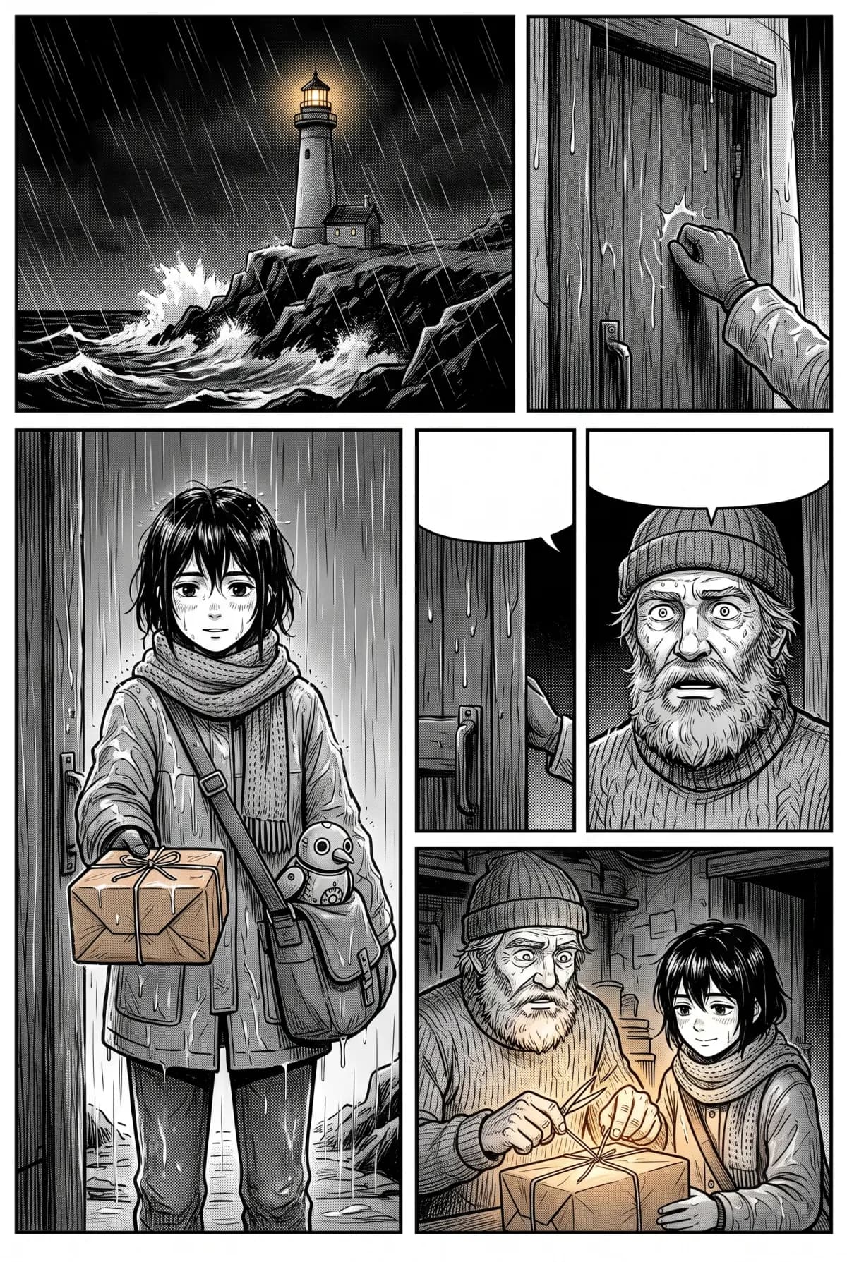 A five-panel black-and-white manga page: a lighthouse in a storm, a knock at the door, a drenched courier holding a parcel, the keeper’s surprised look, and the parcel opened in warm light.