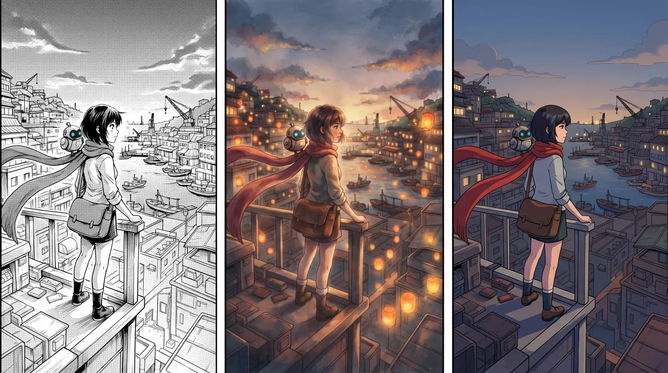 The same courier on a harbour rooftop at dusk drawn three times: in black-and-white ink, in painted colour and in flat colour.