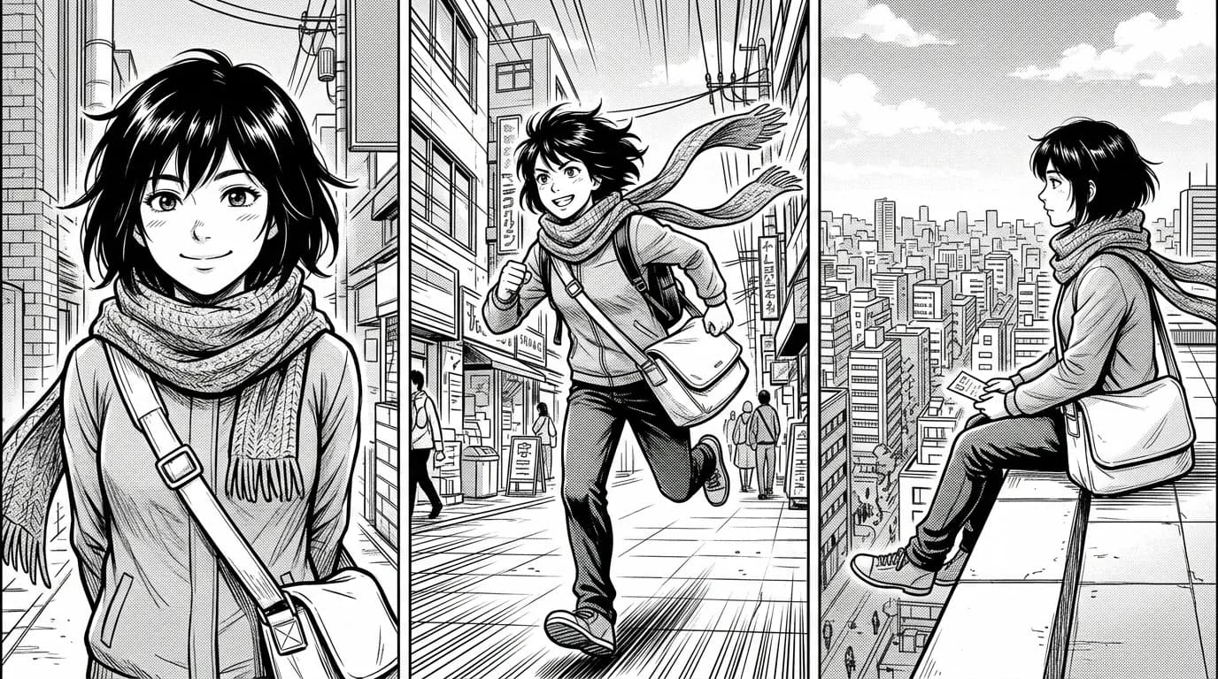 Tres viñetas de manga de la misma mensajera: un primer plano sonriente, una carrera en contrapicado y una pausa al borde de un tejado vista de perfil.