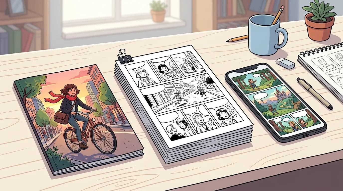 A printed comic book, a stack of pages and a phone showing a vertical comic strip on a desk.