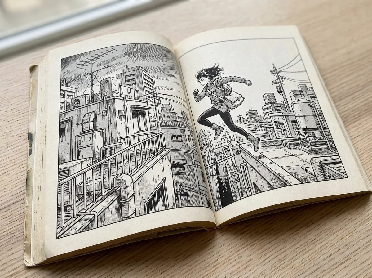 An open printed manga book on a wooden table, showing a two-page spread of rooftop panels.
