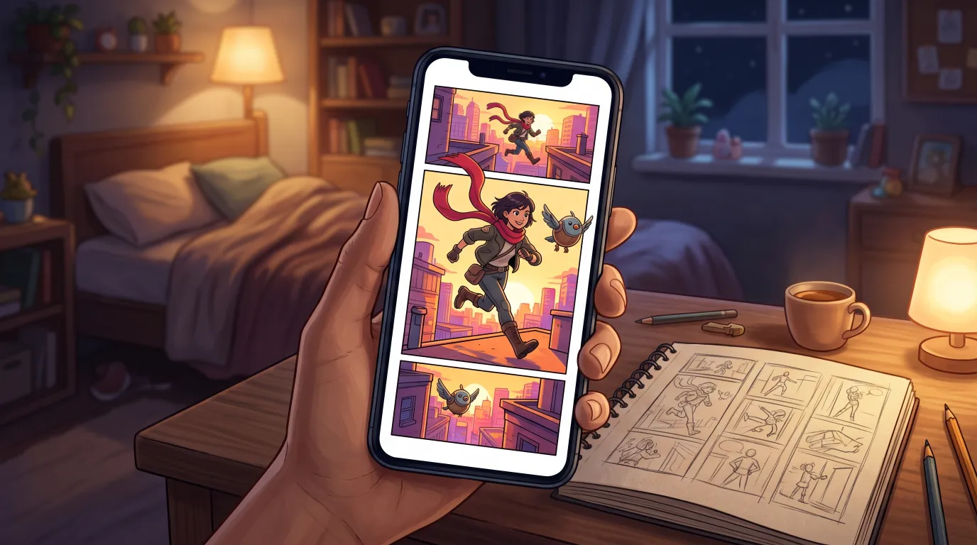 Una mano sostiene un teléfono con un cómic vertical a todo color de una mensajera que salta entre tejados al atardecer, junto a un cuaderno de bocetos.