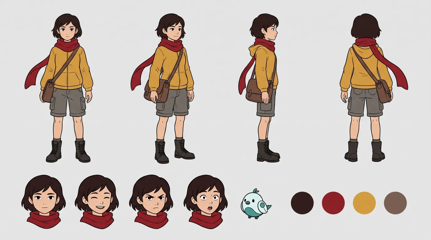 Hoja de personaje en color plano de una mensajera con bufanda roja y chaqueta amarilla: vistas de frente, de tres cuartos, de perfil y de espaldas, cuatro expresiones, su pájaro robot y cuatro muestras de color.