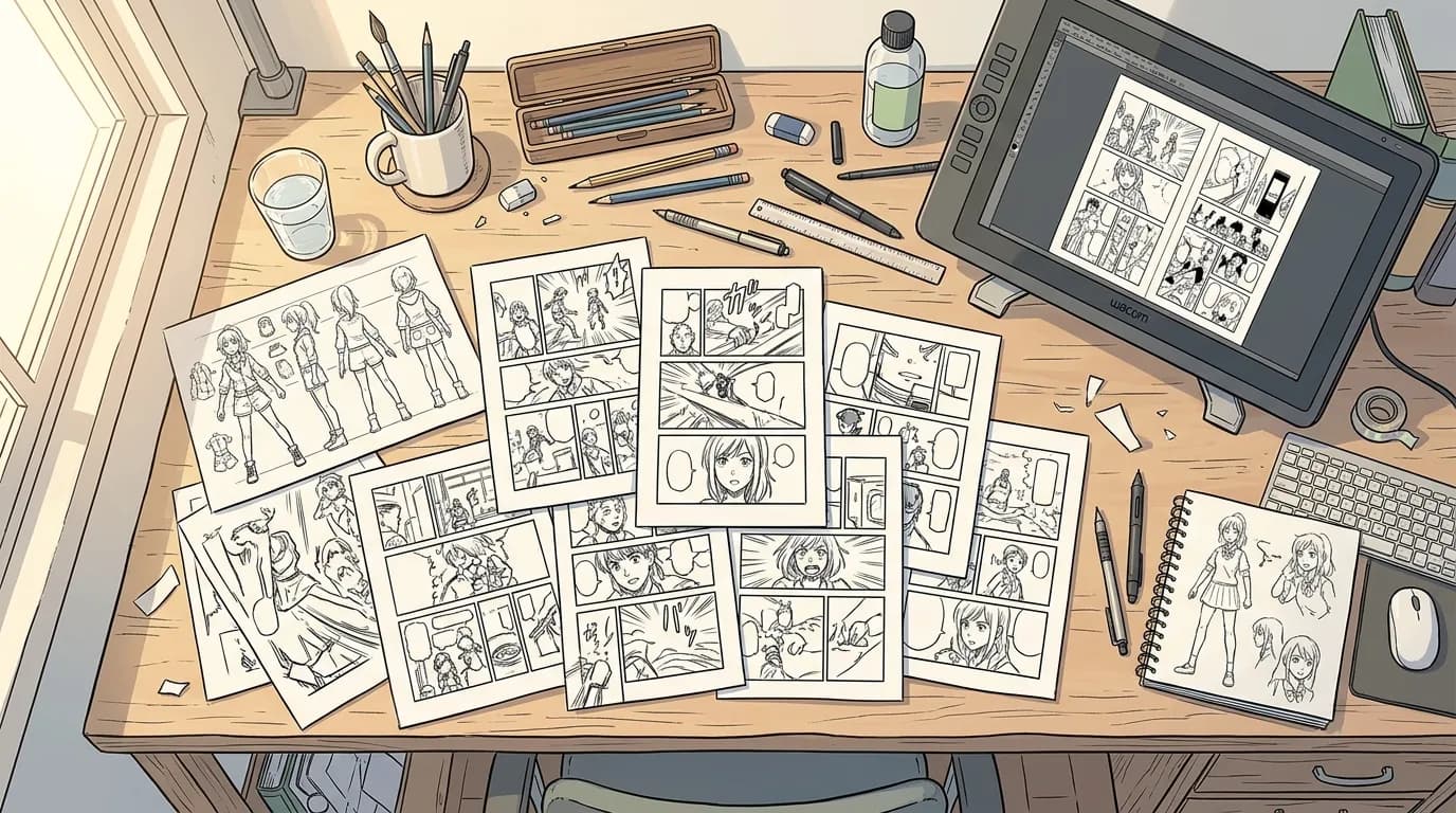 A creator’s desk covered with manga pages, a character model sheet and a tablet showing a comic page.