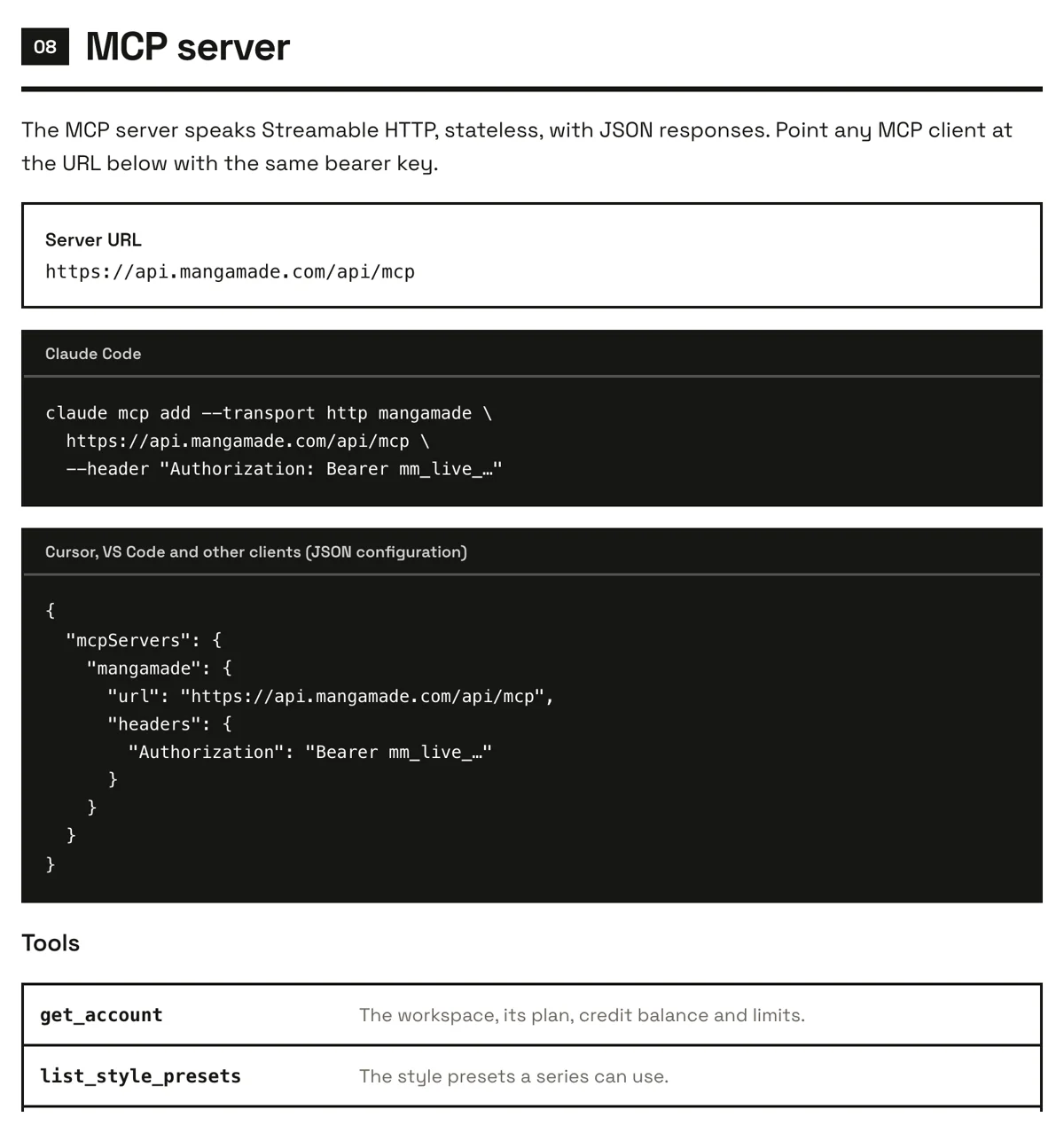 La sección del servidor MCP de la página para desarrolladores de MangaMade: la URL del servidor, el comando para Claude Code, la configuración JSON para otros clientes y las primeras herramientas.