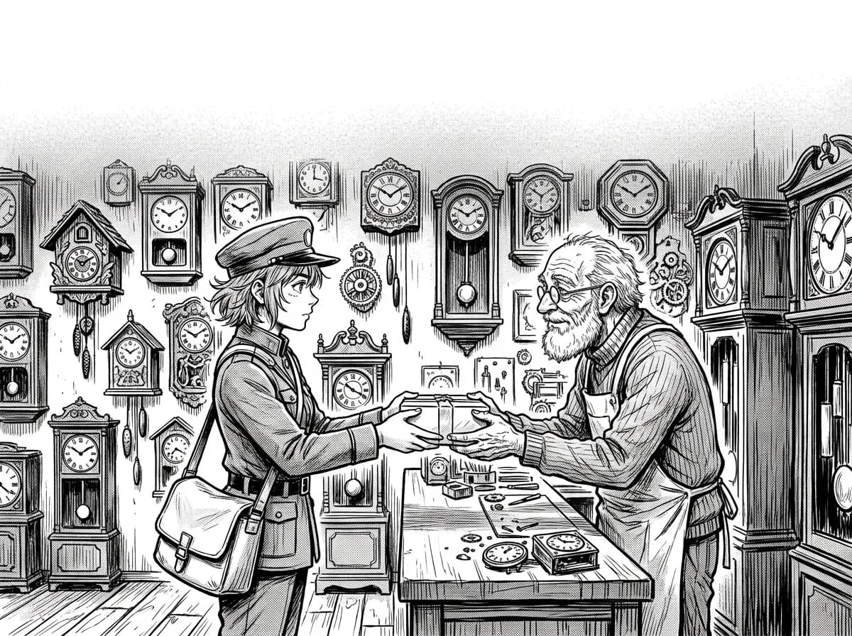 Viñeta de manga con una mensajera y un viejo relojero en el mostrador de su tienda, con una pared despejada sobre sus cabezas.