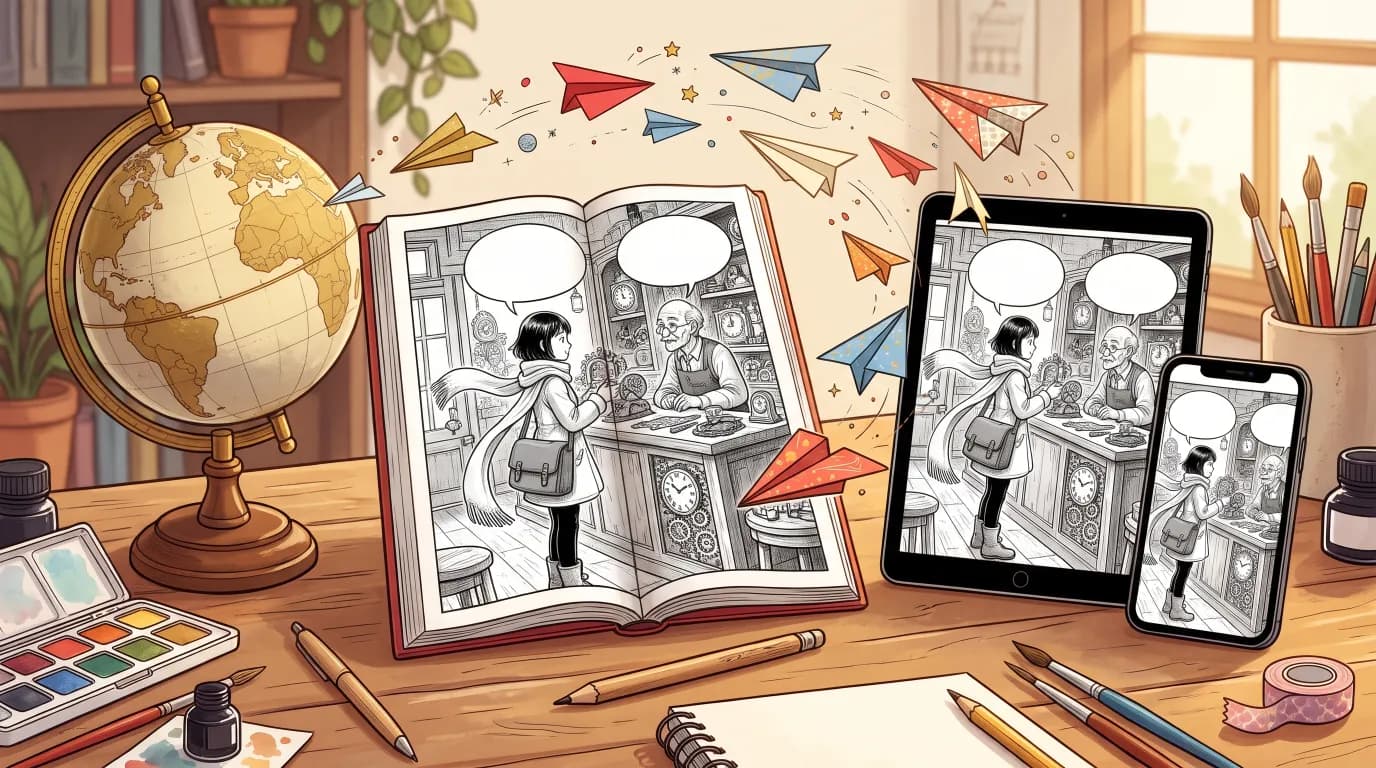 Un bureau avec un globe, un manga ouvert, une tablette et un téléphone affichant la même planche aux bulles vides, et des avions en papier qui volent entre eux.