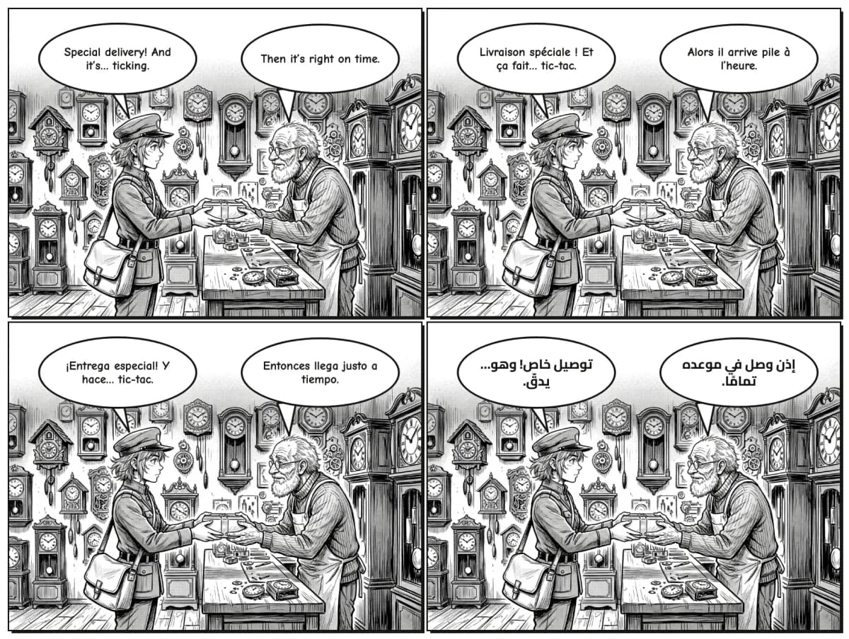 The same panel four times: lettered in English, French, Spanish and Arabic, with the Arabic balloons set right to left.