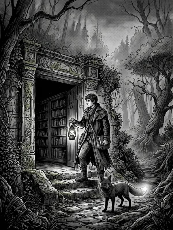Portada de serie de ejemplo: una joven exploradora con un farol y un zorro ante la puerta de una biblioteca escondida en un bosque.