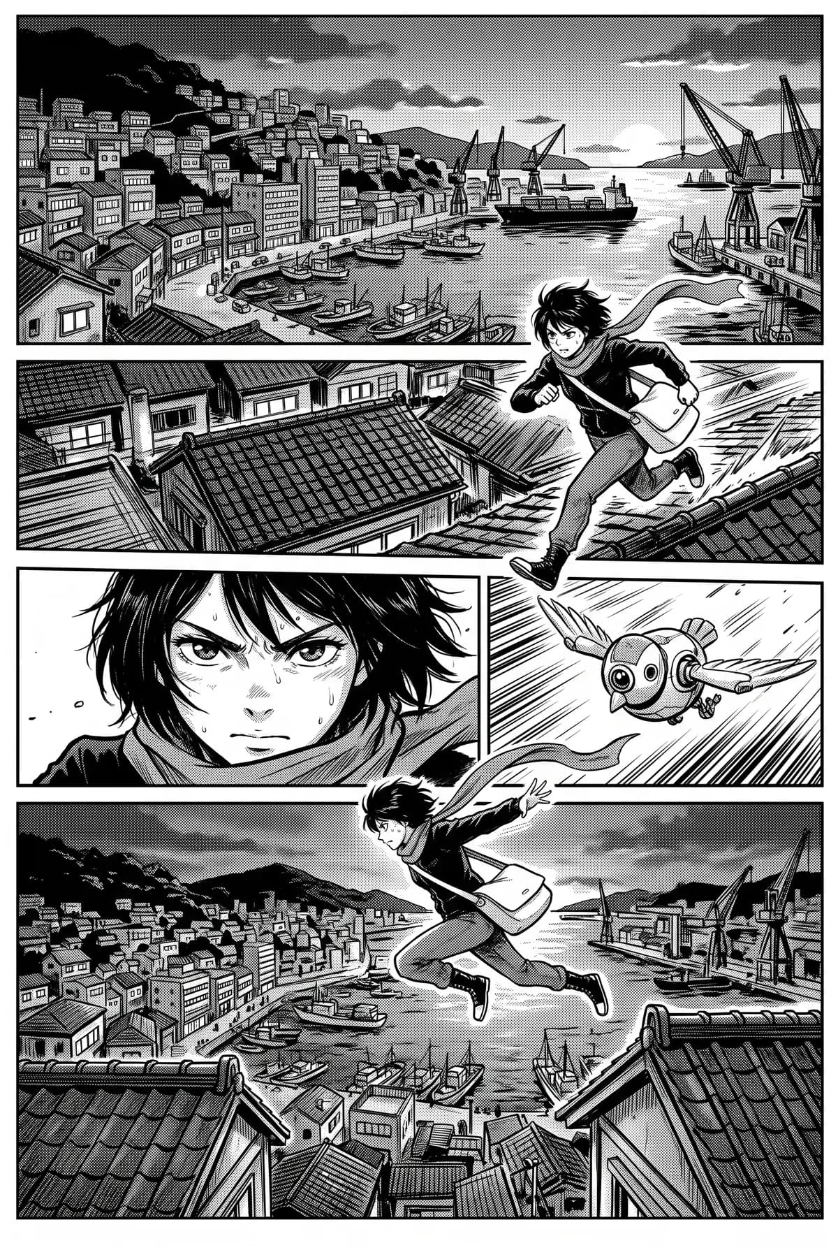 Página de manga de ejemplo en blanco y negro, que se lee de derecha a izquierda.