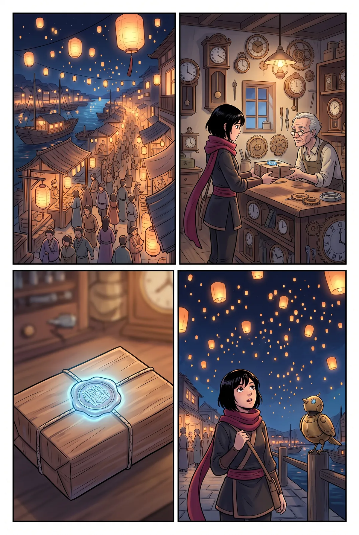 Página de manhua de ejemplo a todo color, que se lee de izquierda a derecha: un festival de farolillos, la tienda de un relojero, un paquete sellado y la mensajera bajo los farolillos.