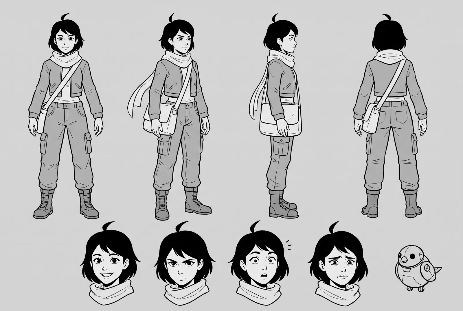 A model sheet of a young courier: front, three-quarter, side and back views, four expressions and her robot bird.