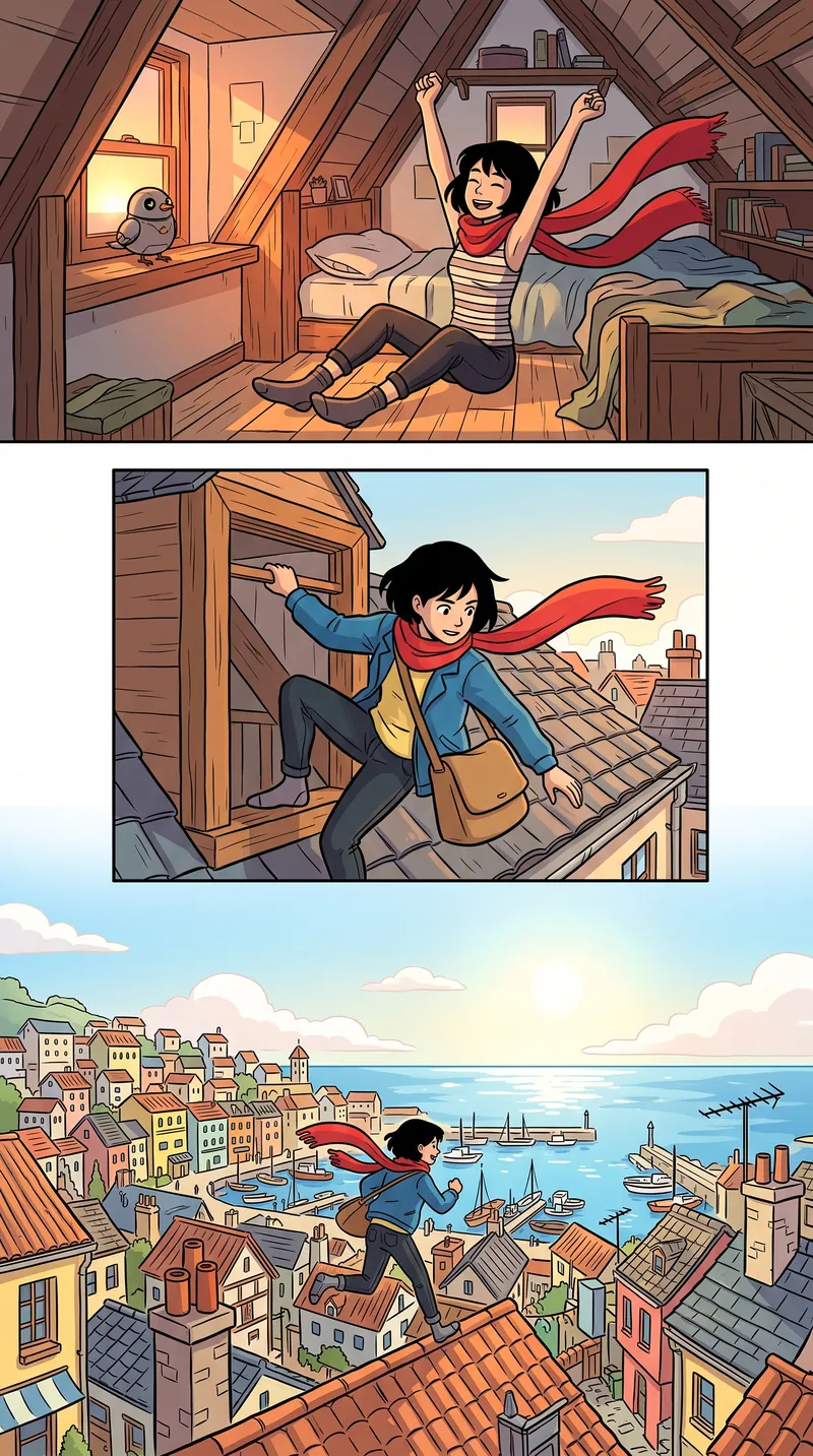 Tira de webtoon de ejemplo en color: la mensajera se despierta en su buhardilla, sale por la ventana y corre por los tejados.